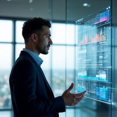 Profesional analizando dashboards de IA en oficina moderna